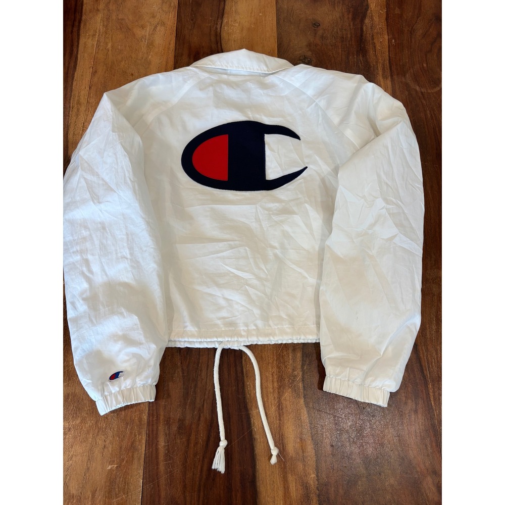 Vtg Champion coaches jacket womens sz M white crop big logo snap front